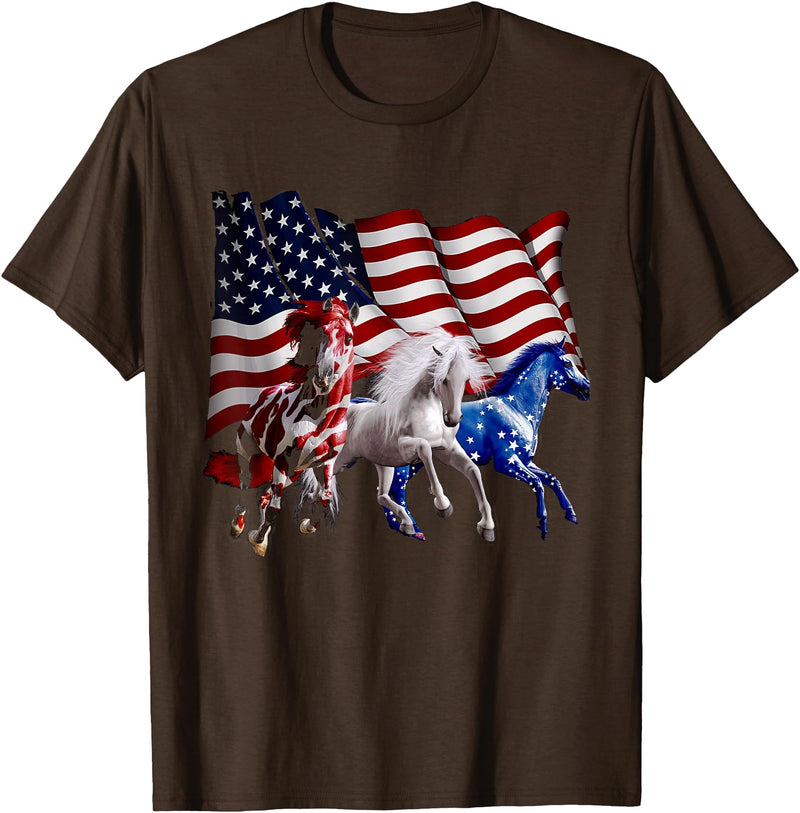 Happy 4th Of July American Flag Red White Horse And Blue T-Shirt - Brown