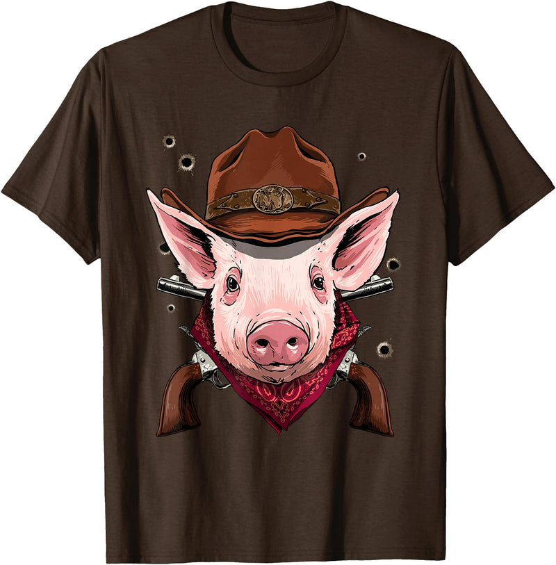 Wowsome! Cowboy Pig Western Rodeo Cowboy Hat and Bandana T-Shirt - Brown