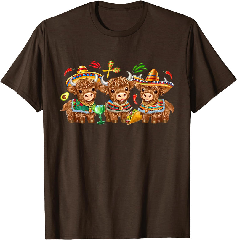 Funny Cinco De Mayo Highland Cow Mexican Fiesta Cute Cinco De Mayo Highland Cow Sombrero Mexican Fiesta T-Shirt - Brown