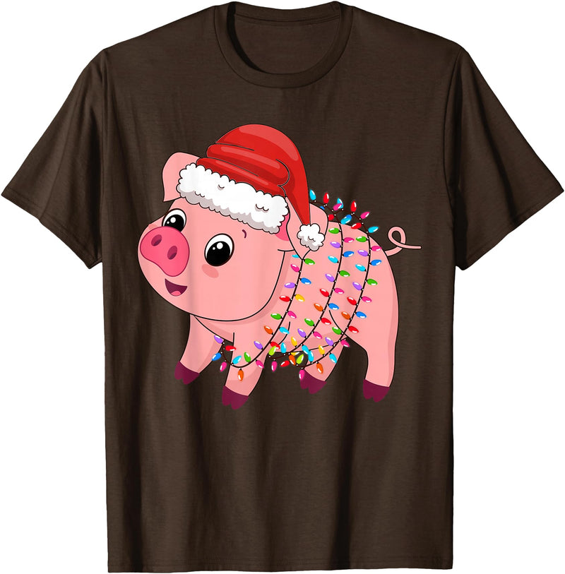 Pig Christmas Gifts Men Women Kids Co. Christmas Lights Pig Wearing Xmas Hat - Pig Lover Farmer T-Shirt - Brown