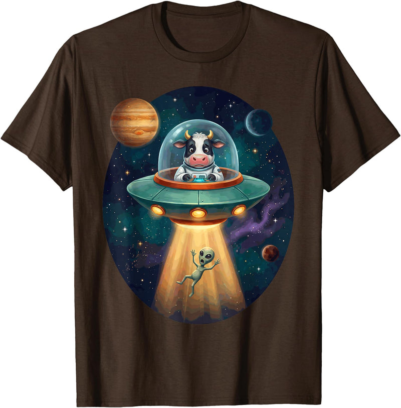 Cow Astronaut Alien Abduction Space Apparel FUUNY Cow Astronaut UFO Abducting Alien Space Farm T-Shirt - Brown