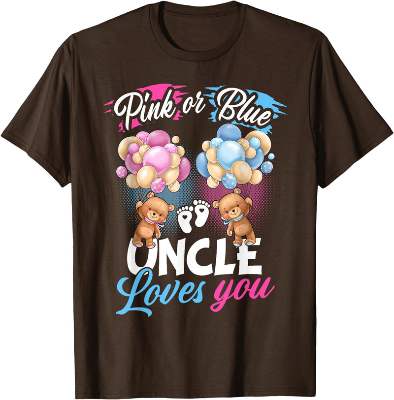 Bear Balloons Boy Or Girl Baby Gender Reveal Tee Bears Pink Or Blue Uncle Loves You Gender Reveal T-Shirt - Brown