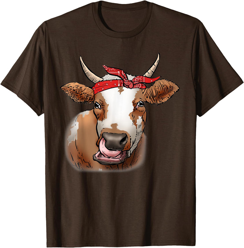 teestatic Farming Cow licking his nose with bandana funny theme T-Shirt - Brown