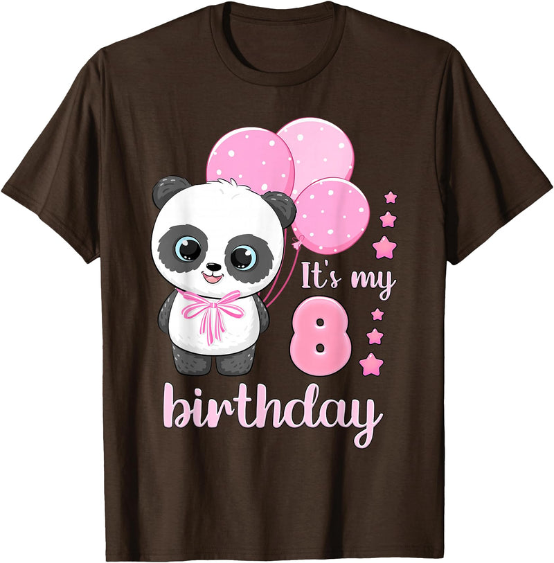 Birthday Gifts for Girls by Content Design Studio Birthday Girl 8 Panda Pink Balloons T-Shirt - Brown