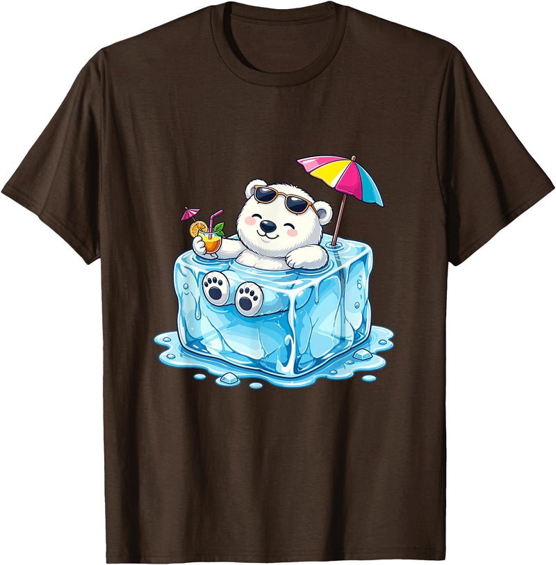 Cool Polar Bear Summer Ice Cube Relax Chill Polar Bear On Ice Cube Summer Vacation T-Shirt - Brown