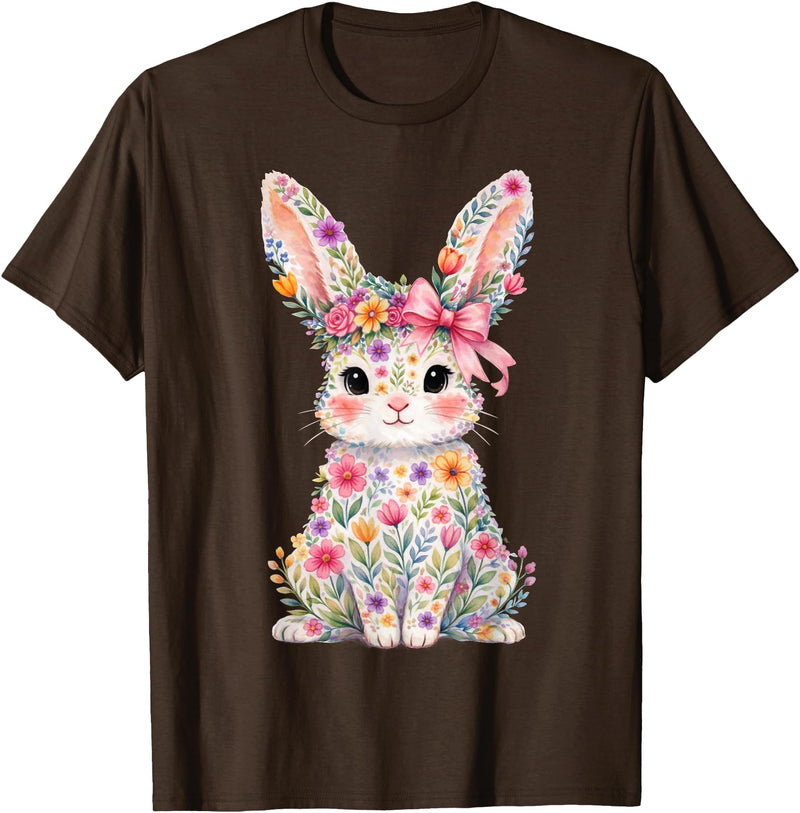 Cute Pink Flower Bunny Rabbit Happy Easter Women Girls T-Shirt in Brown