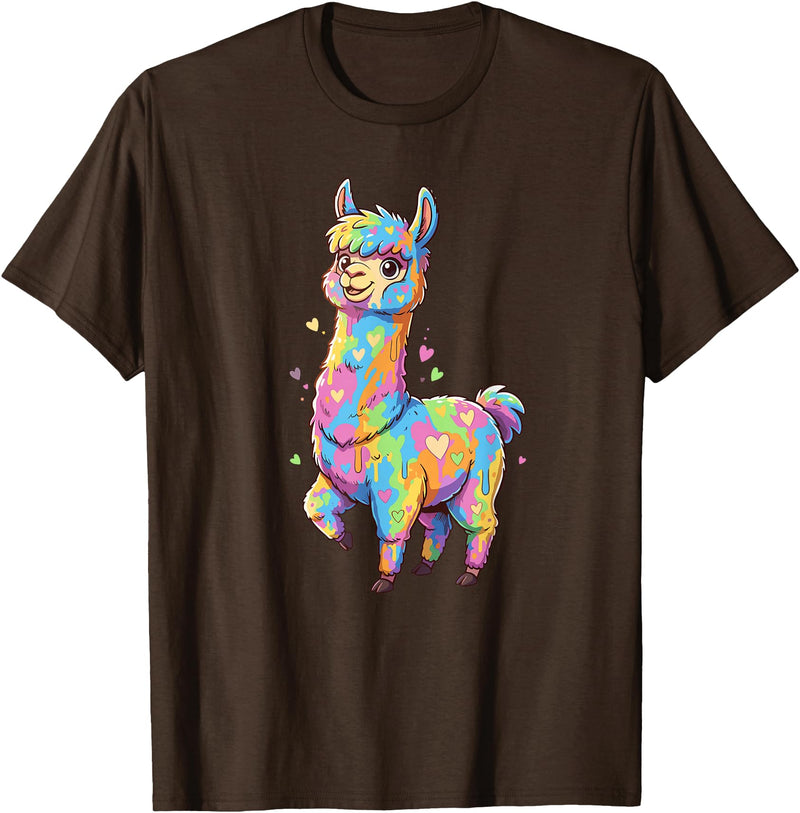 Rainbow Llama Love Pastel Hearts Kawaii Colorful Rainbow Heart Llama Kawaii Cute T-Shirt - Brown