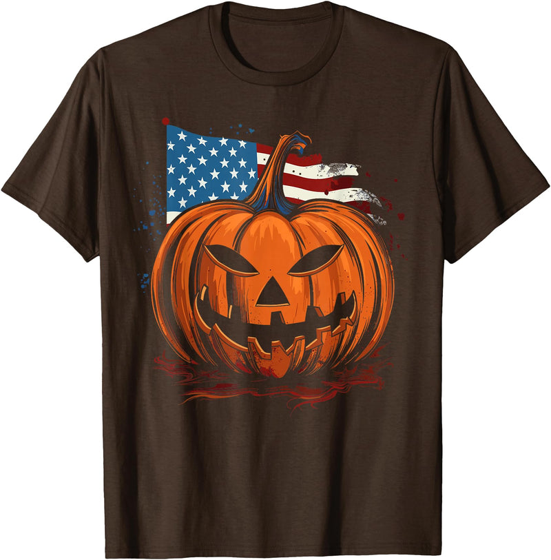 US American Halloween Outfits Patriotic USA Flag Halloween Pumpkin Women, Men T-Shirt - Brown