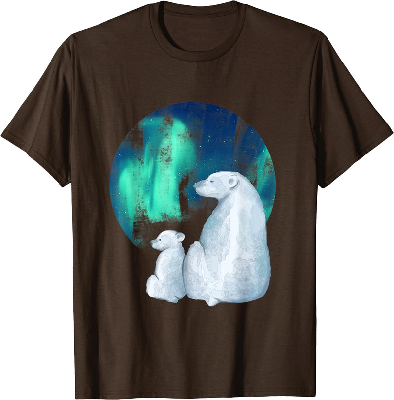 Northern Aurora Borealis Lights Designs Northern Aurora Borealis Lights Cute Polar Mother Bear Cub T-Shirt - Brown