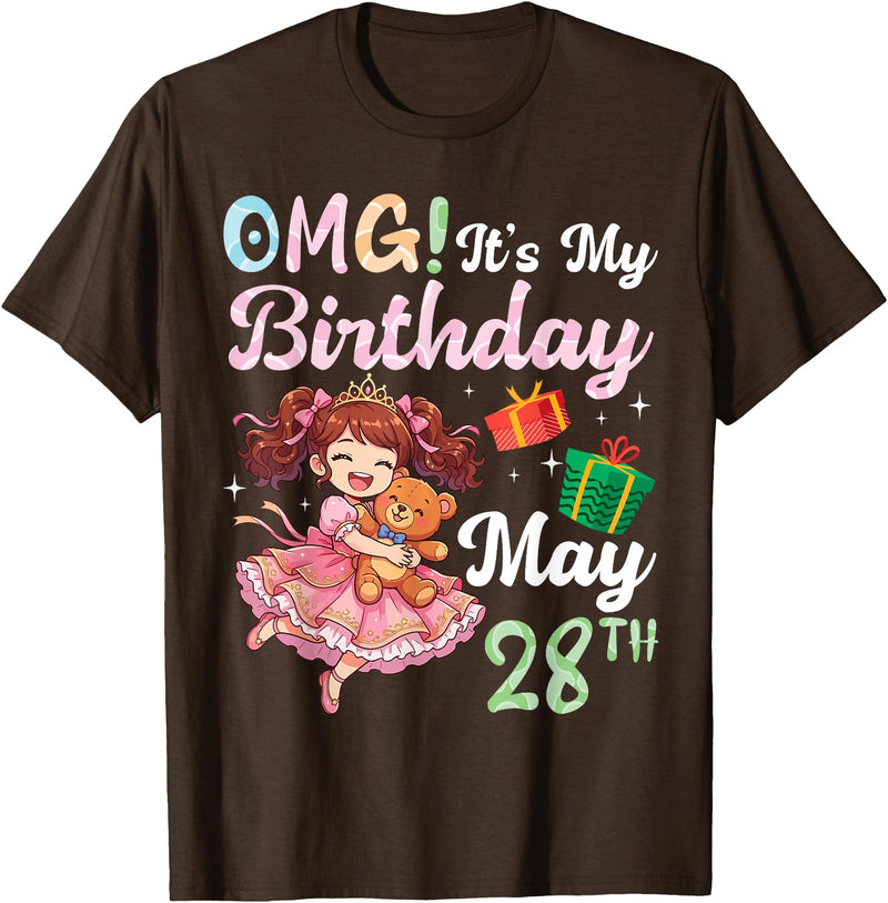 H1Shop Happy Birthday Born On May 28 OMG It's My Birthday Born On May 28th Girl with Present Bear T-Shirt - Brown