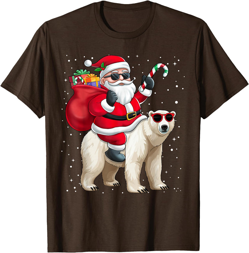 Santa Claus Riding A Polar Bear Xmas Funny Santa Claus Riding A Polar Bear Christmas Boy Girl Kids T-Shirt - Brown