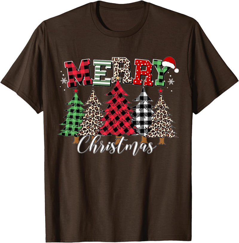Merry Christmas Leopard Buffalo Red Plaid for Men Women T-Shirt - Brown