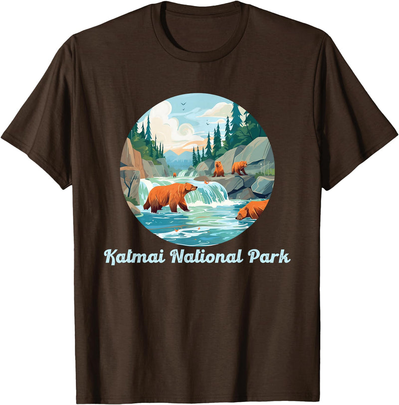 Fun National Parks Alaska Katmai National Park Alaska Brooks Falls Salmon Bears T-Shirt - Brown