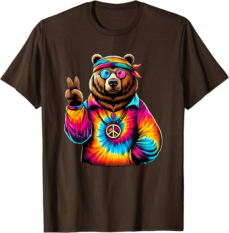 Grizzly Bear Hippie Costumes Peace Sign Tie Dye Grizzly Bear T-Shirt - Brown