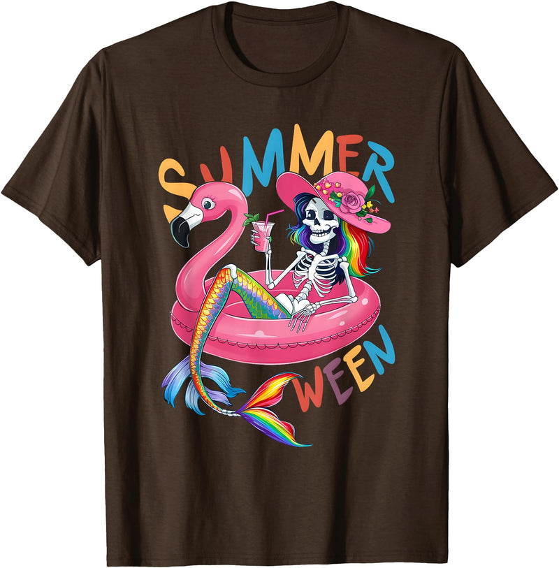 Summer Halloween Summerween Summerween Mermaid Skeleton Flamingo Summer Halloween Women T-Shirt - Brown