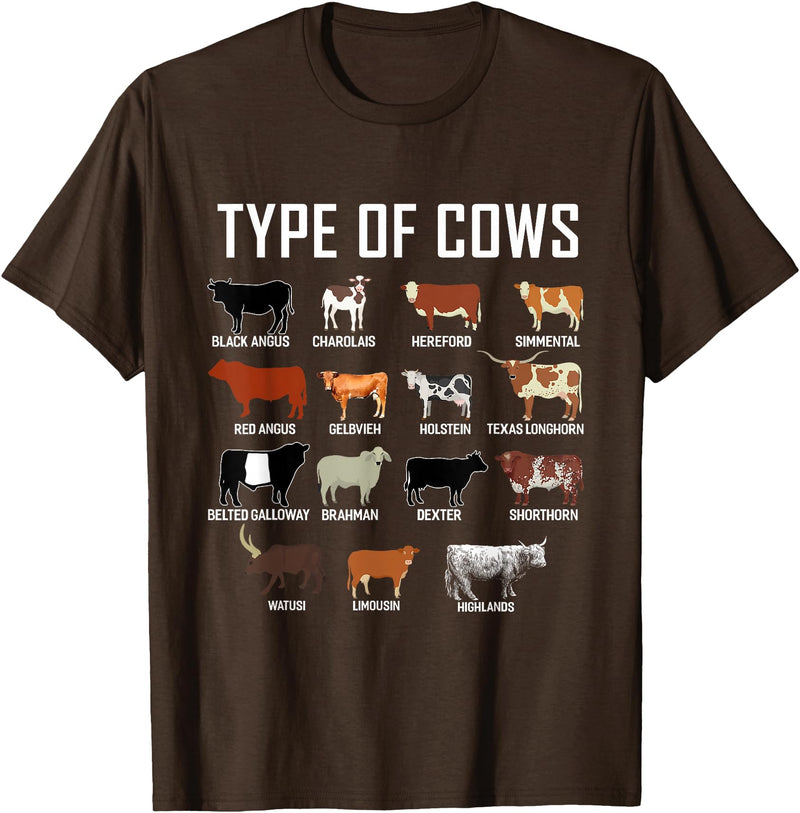COW Designs By ShirtZilla Types of Cows Shirt Farmer Tee Shirt Costume Cow T-Shirt - Brown