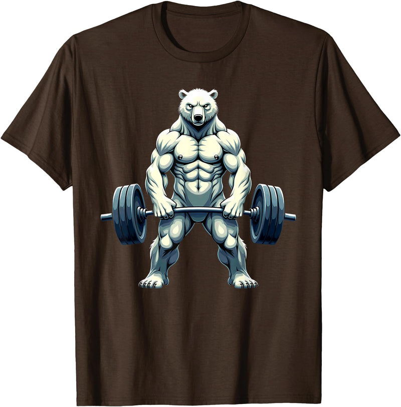 Fitness Polar Bear Gymer Bodybuilder Workout Gym Polar Bear Deadlift Weightlifting T-Shirt - Brown