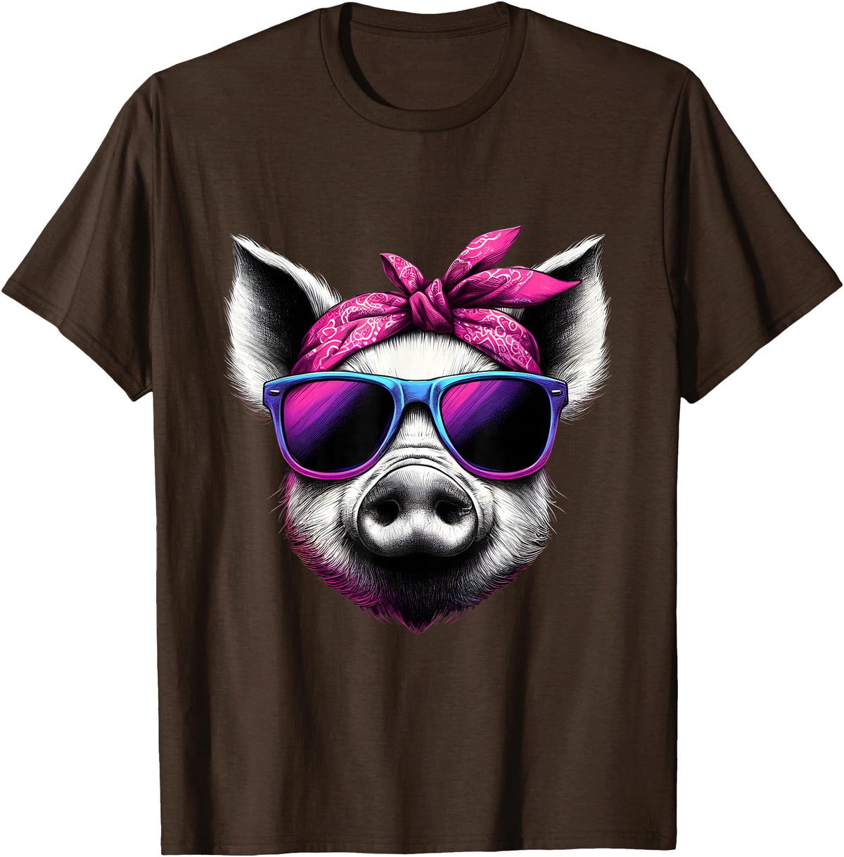 Fashionable Animals Wearing Pink Bandanas Pig Wearing Pink Bandana Headband and Sunglasses T-Shirt - Brown