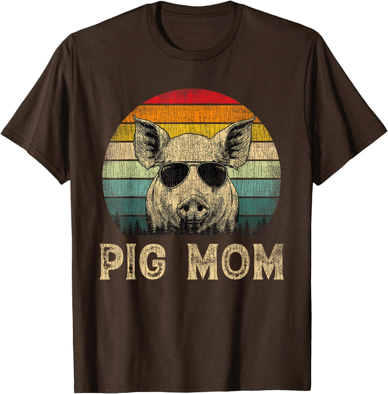 Pig Mom Vintage Retro Mothers Day Funny Gift Vintage Pig Mom Pig Lovers Mommy Mother's Day T-Shirt - Brown
