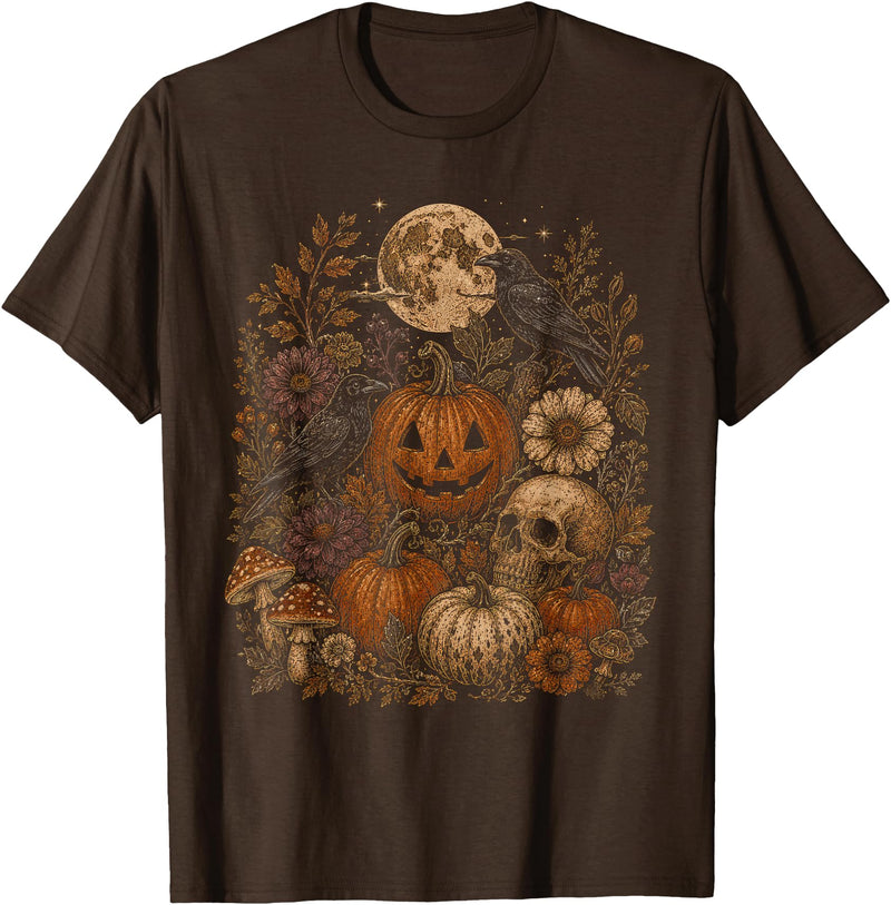 Threadrock Vintage Halloween Harvest Retro Gothic Botanical T-Shirt - Brown
