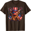 Funny Highland Cow Graphic Tee Men Women Highland Cow 4th of July Vintage American Flag T-Shirt - Brown
