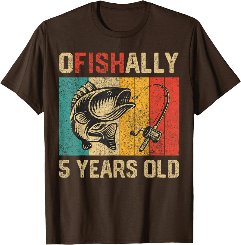 Vintage Fishing Fisherman Birthday Gifts Ofishally 5 Years Old Funny Fishing Birthday Fisherman T-Shirt - Brown