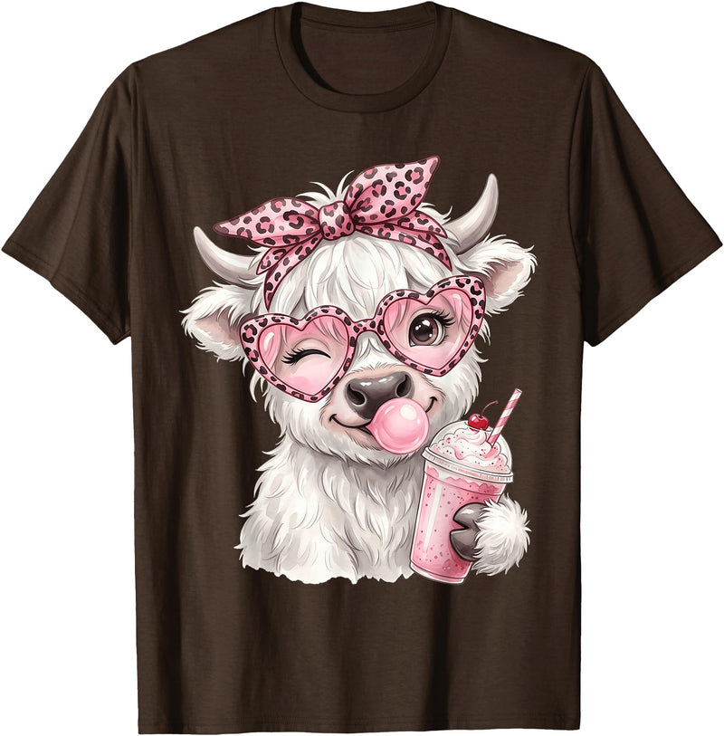 Cute Highlander Cow Lover Designs Scottish Highland Cow Eating Bubblegum T-Shirt - Brown