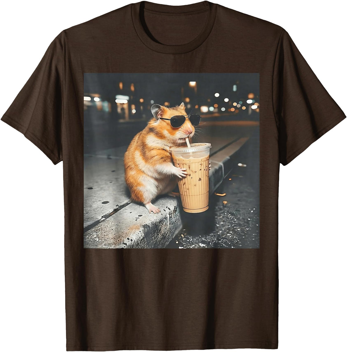Hamster Drinking Iced Coffee Funny Animal Meme Men Women T-Shirt - Brown