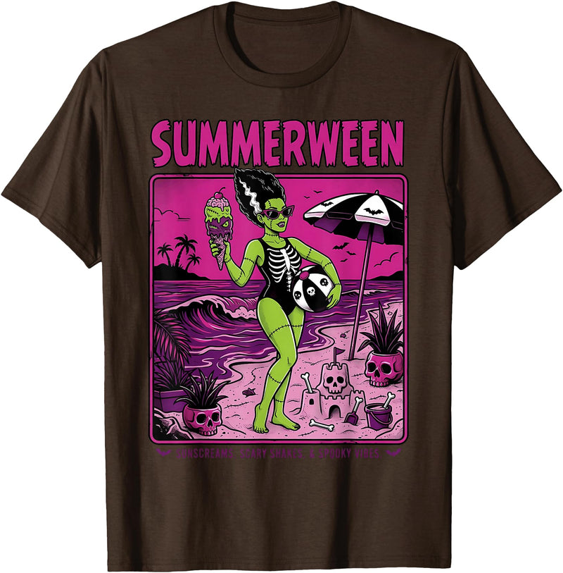 Summerween Halloween in July Spooky Summer Horror summerween Skeleton Beach Halloween Spooky Funny T-Shirt - Brown