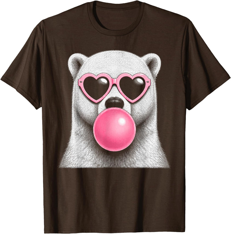 Retro Bubblegum Polar Bear Lover Polar Bear Pink Heart Sunglasses Funny Bubble Gum T-Shirt - Brown