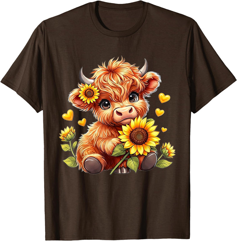 Cute Highland Cow Sunflowers For Girls Cute Highland Cow Sunflowers Girls Women Animal Lovers T-Shirt - Brown