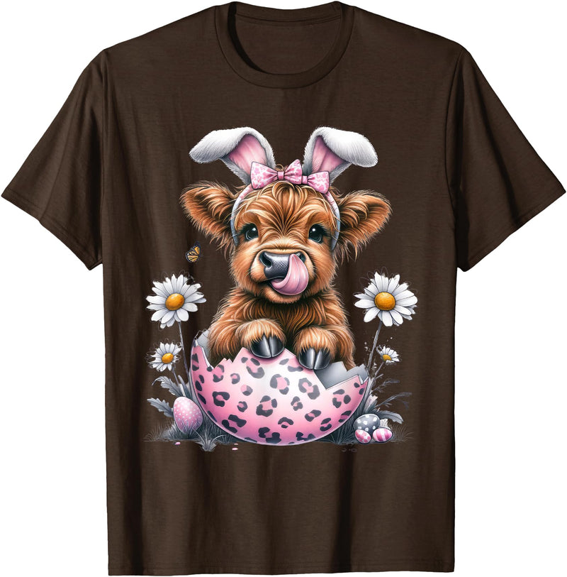 Funny Cow Easter Rabbit Cute Highland Cows Lover Easter Day T-Shirt - Brown