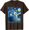 Llama Designs. Llama Alpaka Van Gogh Style Starry Night Funny Graphic T-Shirt - Brown