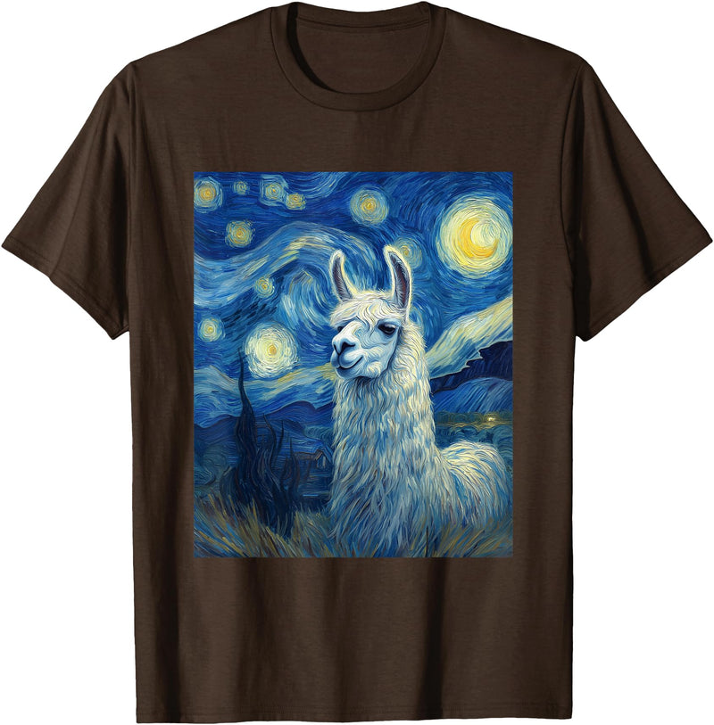 Llama Designs. Llama Alpaka Van Gogh Style Starry Night Funny Graphic T-Shirt - Brown