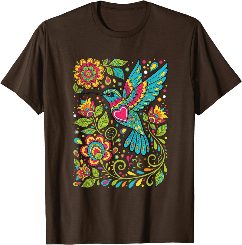 FolkFlight Design Co Bird Hummingbird Floral Folk-Art Colorful T-Shirt - Brown