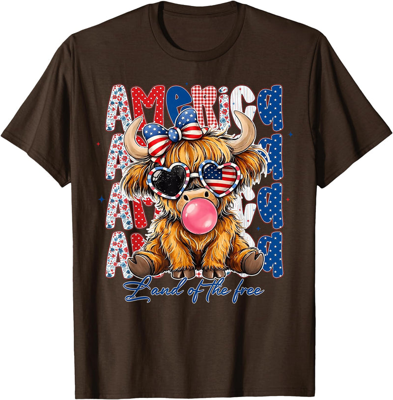 Cute Cow Creations Highland Cow 4th of July, Patriotic Cowgirl Bow Design T-Shirt - Brown
