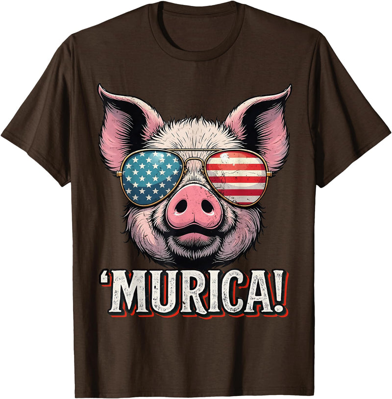 Murica 4th of July Independence day Murica Pig 4th of July American Flag Patriotic USA T-Shirt - Brown