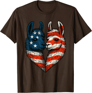 Fourth of July Clothing Co. Patriotic Llamas Heart American Flag 4th of July Graphic T-Shirt - Brown