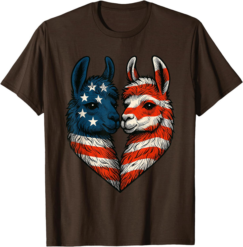 Fourth of July Clothing Co. Patriotic Llamas Heart American Flag 4th of July Graphic T-Shirt - Brown