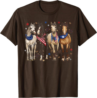 Patriotic Horse Squad 4th of July Equestrian Women Girls T-Shirt - Brown