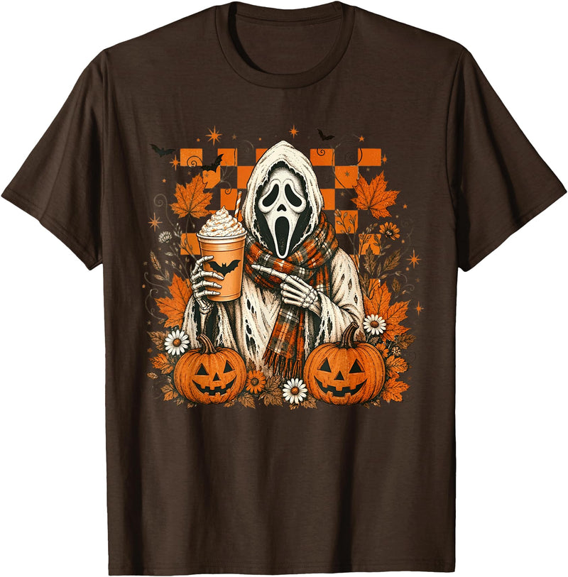 Halloween Pumpkin Ghost Autumn Leaves Graphic Cute Spooky Ghost Fall Halloween Coffee Latte Autumn Pumpkin T-Shirt - Brown