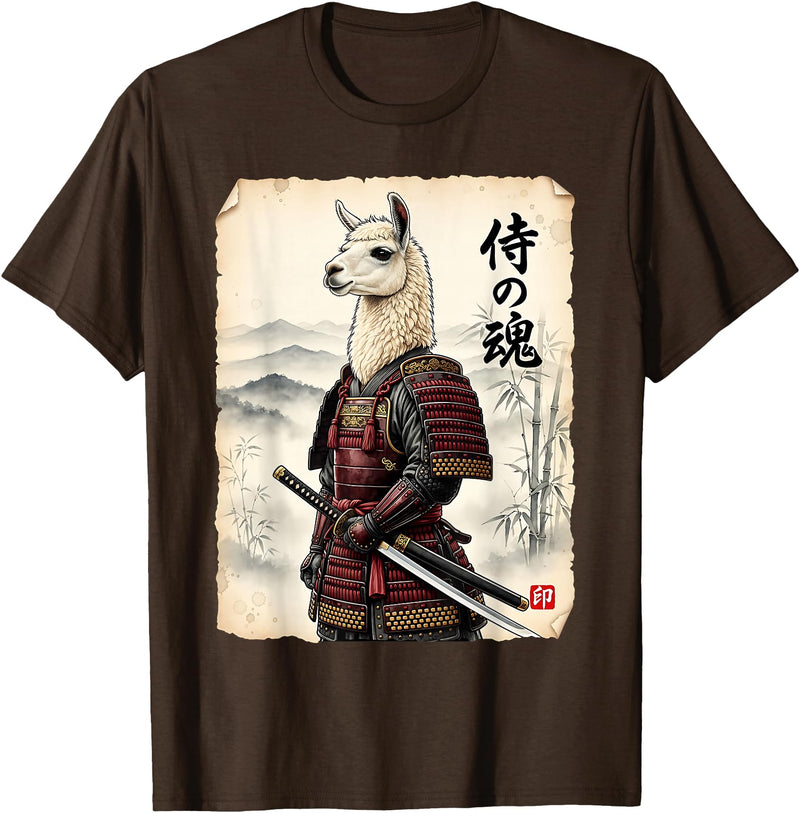 Vintage Samurai Alpaca Llama Japanese Art Tees Samurai Llama Japanese Art Vintage Alpaca Funny Animal T-Shirt - Brown
