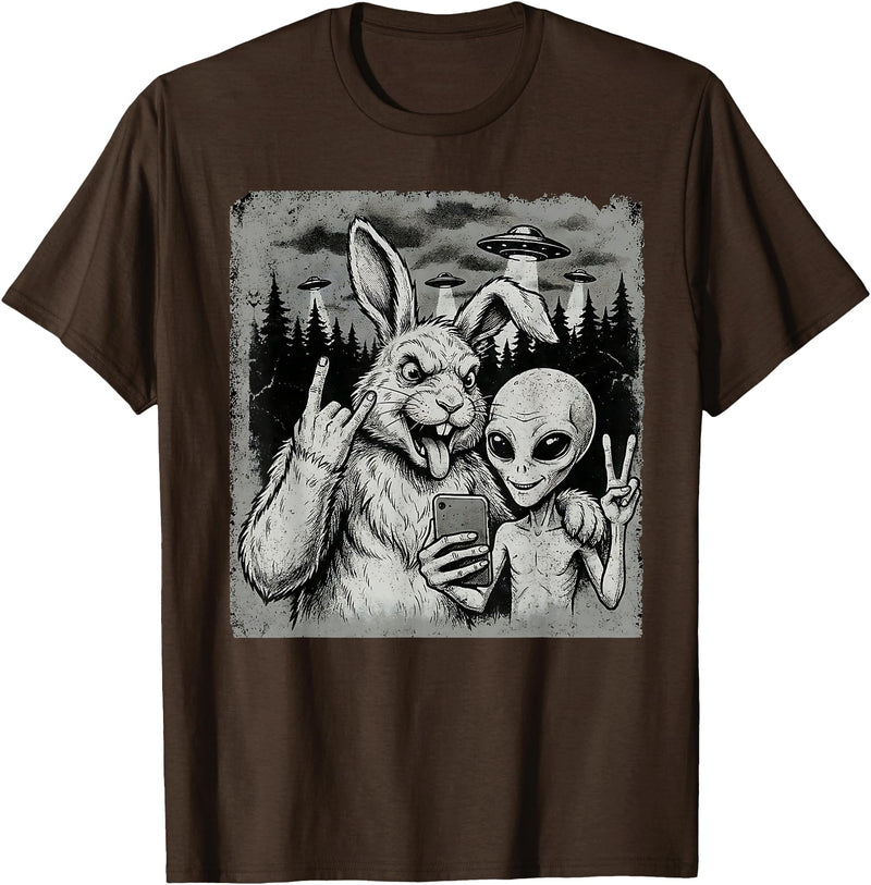 Funny Rabbit and Alien Rock on Hand Sign UFO Selfie T-Shirt in Brown