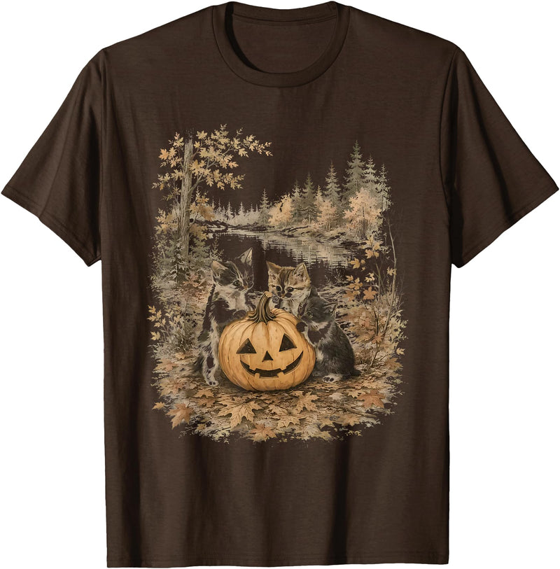Vintage 90s Cats And Pumpkin Halloween Women Men Funny Retro 90s Kitten Black Cats and Pumpkin Halloween T-Shirt - Brown