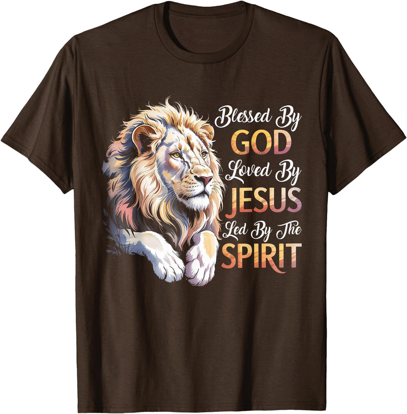 Jesus Lion of Judah Christian Tee. Blessed By God - Loved By Jesus Christian Lion T-Shirt - Brown