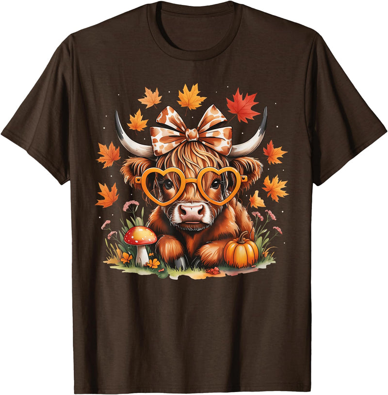 Fall Highland Cow Bow ThanksGiving Ades.shirt Fall Highland Cow Pumpkin Bow Thanksgiving Fall Girl Women T-Shirt - Brown