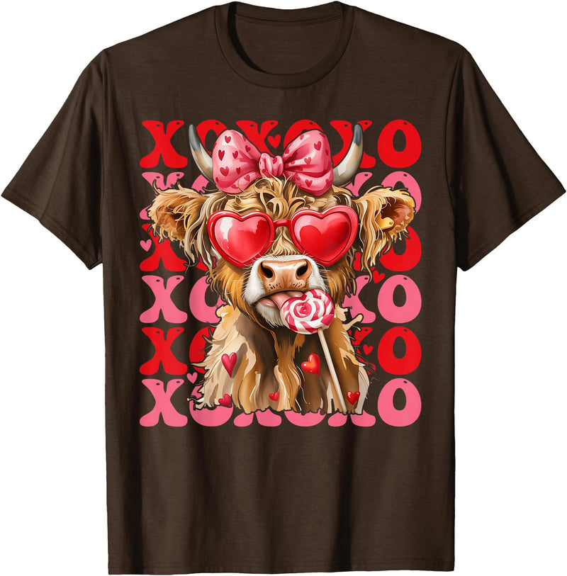 Valentine XOXO Highland Cow Fng Valentine XOXO Highland Cow Cute Coquette Bow Western T-Shirt - Brown