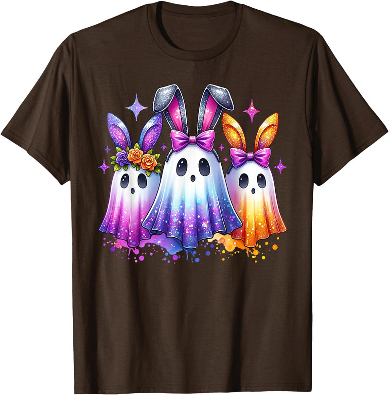 Colorful Cute Ghost Bunny Ears Spooky Easter Rabbit Lover T-Shirt in Brown