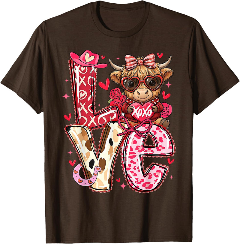 Highland Cow Valentine Tees Love Western Highland Cows Valentine Cowgirl Hat T-Shirt - Brown