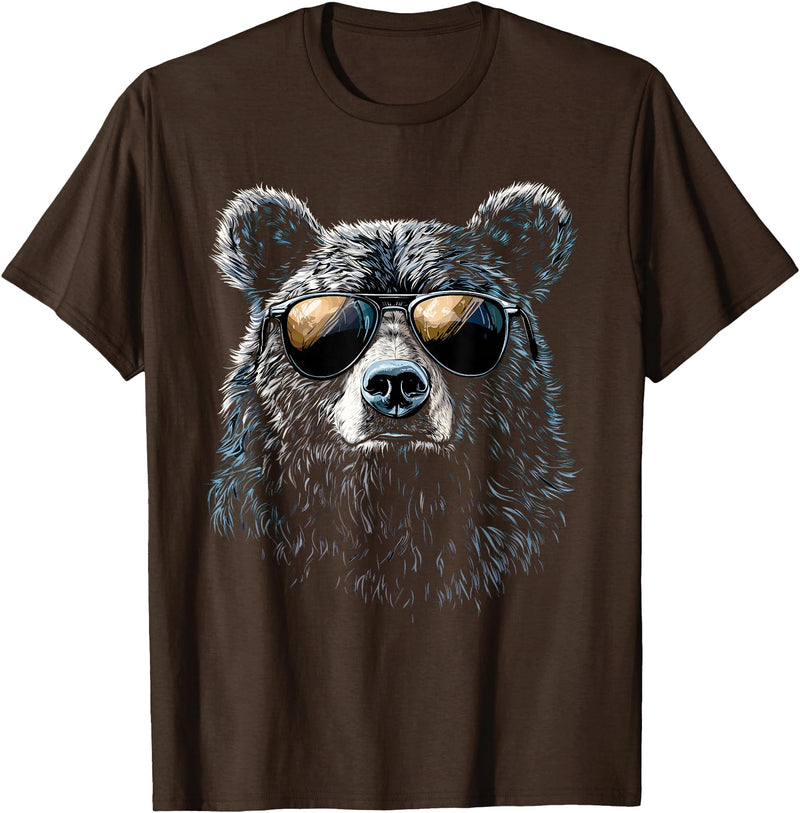 Forest Illustration Bear Art Nature Bear Wearing Sunglasses Wildlife Artwork Graphic Bear T-Shirt - Brown